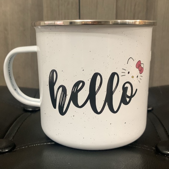 New Hello Kitty Face In Pink Bow White Metal Campers Coffee Mug By Sanrio - Picture 4 of 8